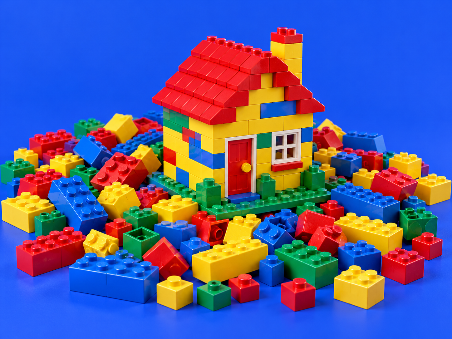 Ein buntes Haus aus Spielbausteinen in einem Haufen roter, gelber, blauer und grüner Steine
